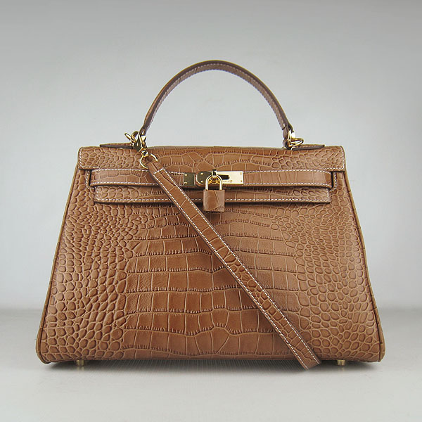 7A Replica Hermes Kelly 32cm Crocodile Veins Leather Bag Light Coffee 6108